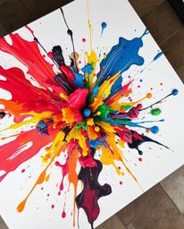 Experience the mesmerizing beauty of a high-angle view of a vibrant paint explosion on a pristine white canvas. This high-det