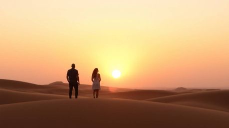 Experience the serene beauty of a desert sunset.  Silhouetted figures stand against a backdrop of soft pastel hues and golden