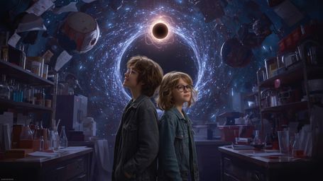 In a dramatic, whimsical photograph with a cinematic, Pixar-like flair, a thrilled science fair duo—a curious boy and a brill
