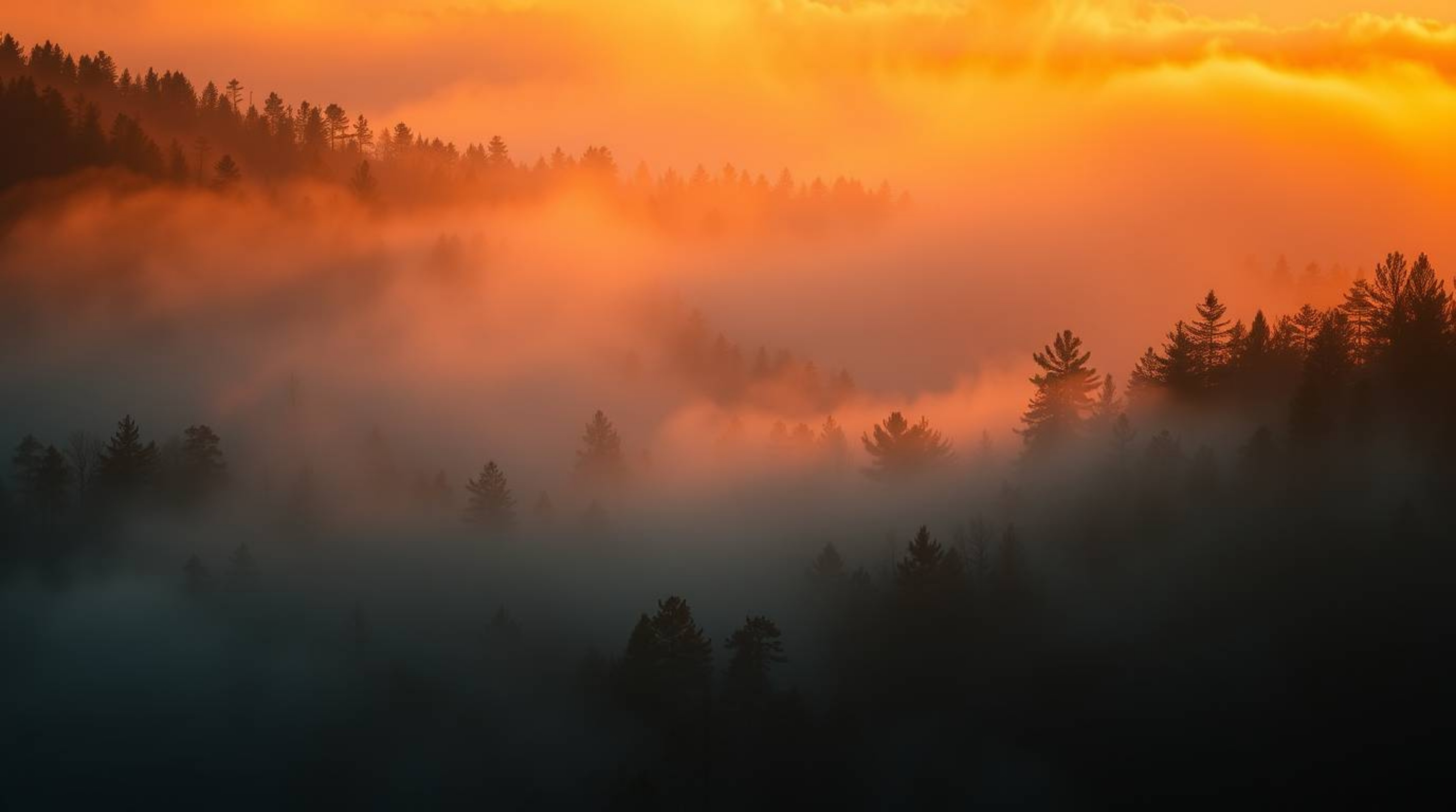 Experience the enchanting beauty of a forest shrouded in mist during the golden hour.  Rendered in electrifyingly vivid color