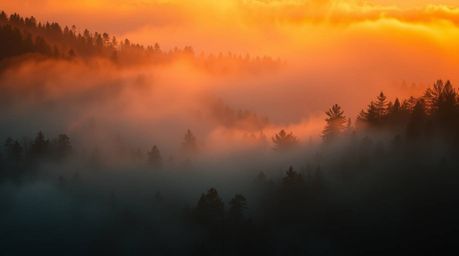 Experience the enchanting beauty of a forest shrouded in mist during the golden hour.  Rendered in electrifyingly vivid color