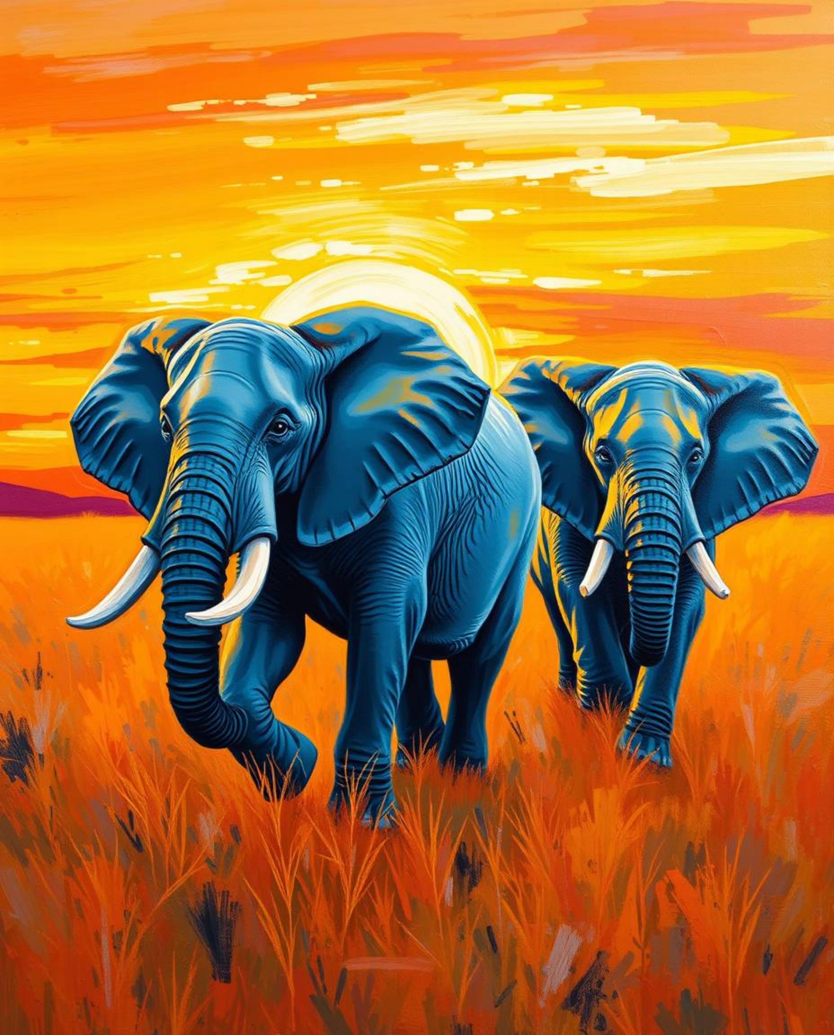 A bold acrylic painting of elephants dynamically moving across a sunset field. The image features blurred lines, action poses