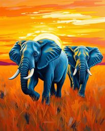 A bold acrylic painting of elephants dynamically moving across a sunset field. The image features blurred lines, action poses