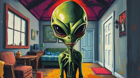 A captivating bold acrylic painting depicts an alien inhabitant of a suburban house.  The artwork features strong, hard light