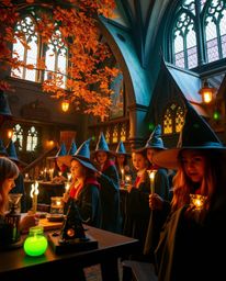 Immerse yourself in a magical school teeming with young wizards, bathed in the warm hues of autumn and glowing bioluminescent