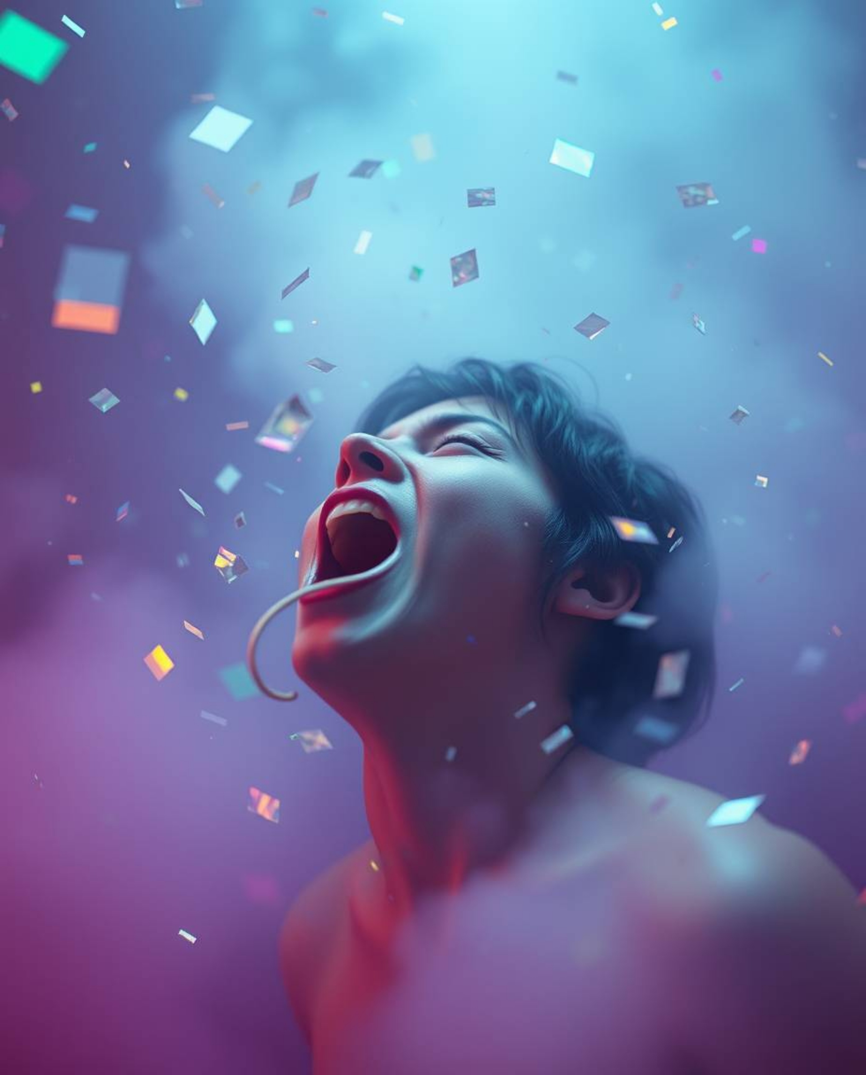 A visually striking cinematic scene depicting a person screaming as their world disintegrates into pixels amidst iridescent c