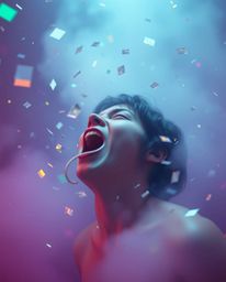 A visually striking cinematic scene depicting a person screaming as their world disintegrates into pixels amidst iridescent c