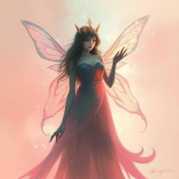 A captivating surreal digital sketch depicts a fairy godmother emerging from a swirl of sparkles. The artwork features a sof