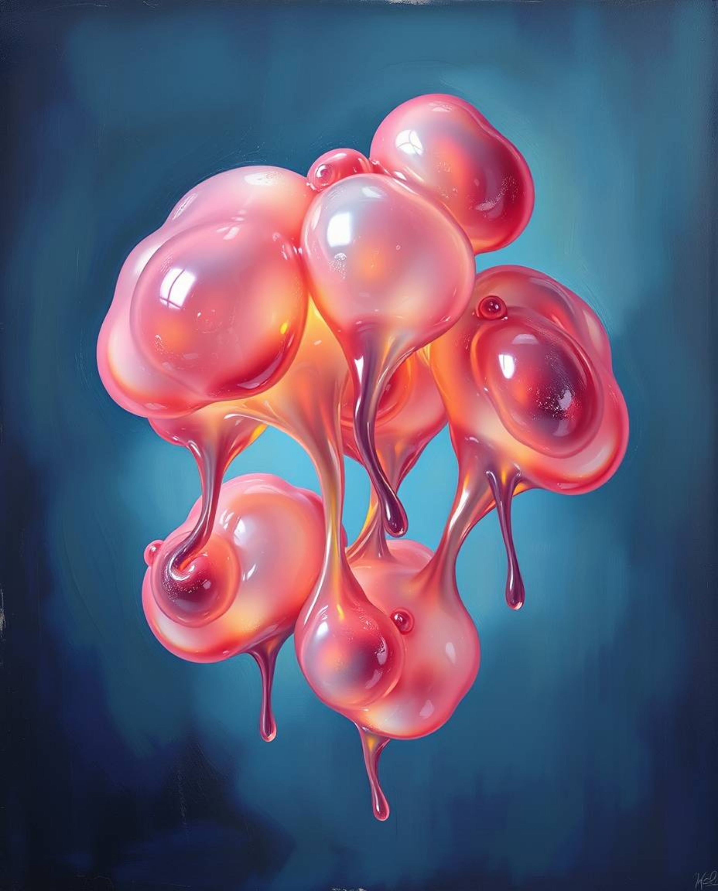 This stunning oil painting, rendered from a captivating low angle, portrays floating 3D blobs of fluid jelly with mesmerizing