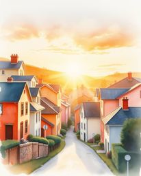 A beautiful watercolor painting depicting a sleepy town bathed in the warm, golden light of either sunrise or sunset. The pas