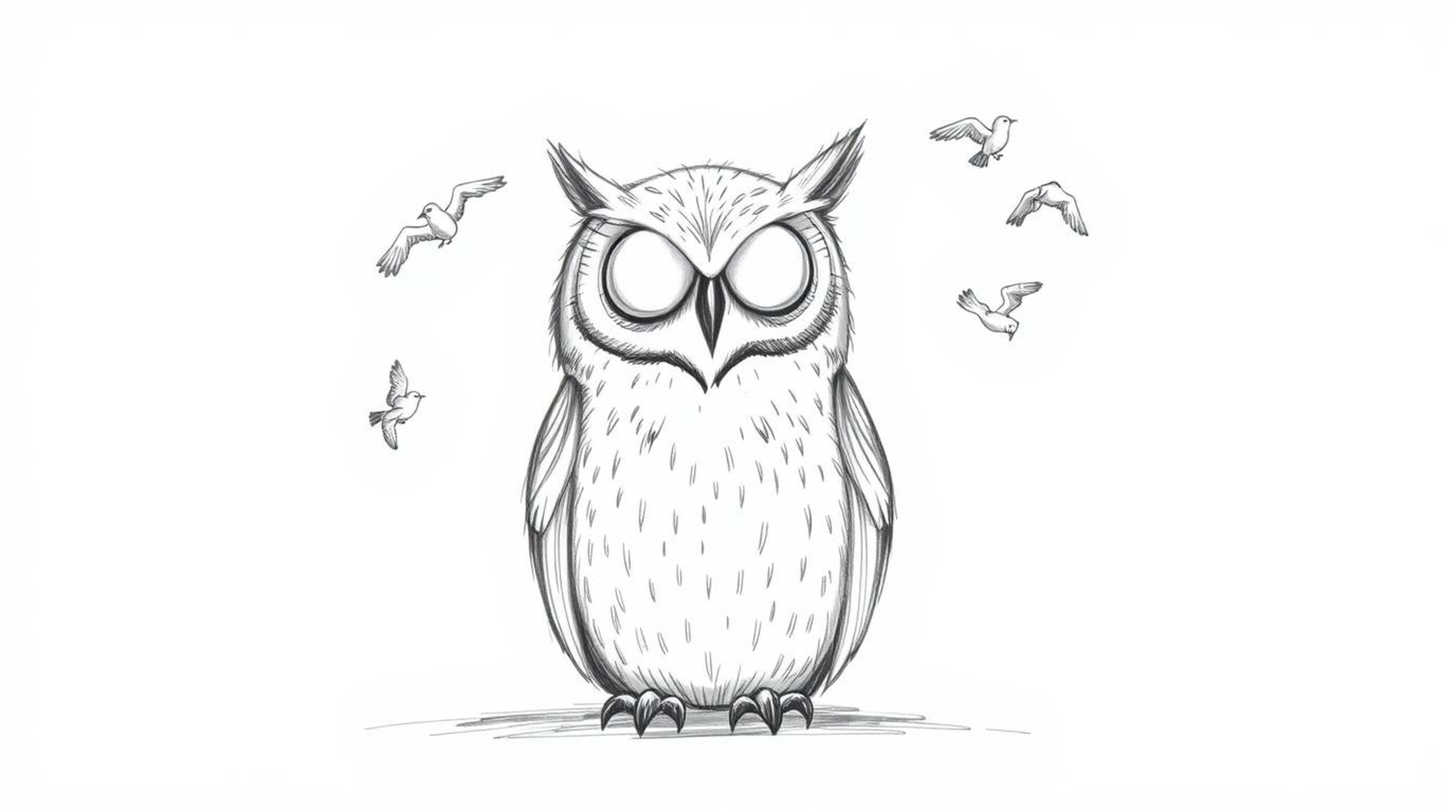 This Pixar-inspired hand-drawn sketch depicts a blind owl, rendered with textured pencil strokes and rough lines, sitting cal