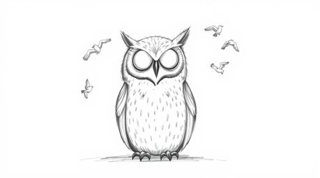 This Pixar-inspired hand-drawn sketch depicts a blind owl, rendered with textured pencil strokes and rough lines, sitting cal