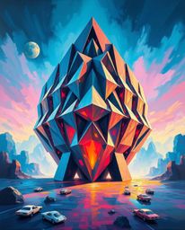 A bold acrylic painting showcases a modern, futuristic scene featuring a massive, heroic 3D geometric pattern reminiscent of 