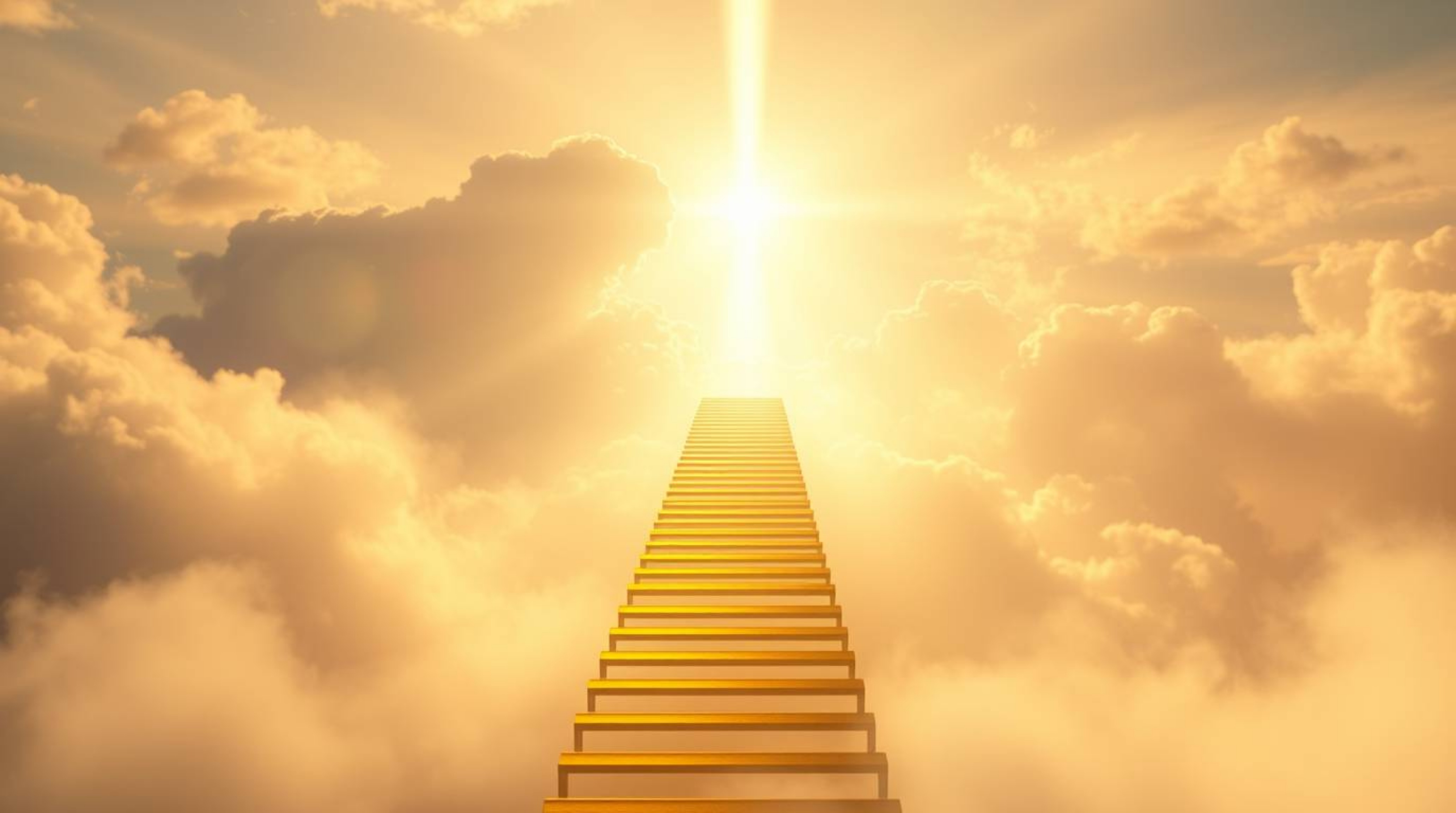 A breathtaking image of a golden staircase ascending through ethereal clouds towards a radiant heaven. Sunlight pierces the s