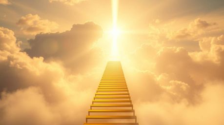 A breathtaking image of a golden staircase ascending through ethereal clouds towards a radiant heaven. Sunlight pierces the s