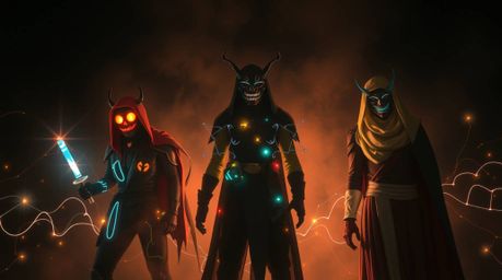 Discover a captivating light art piece showcasing a team of misfit heroes.  The artwork features artistic lighting, abstract 