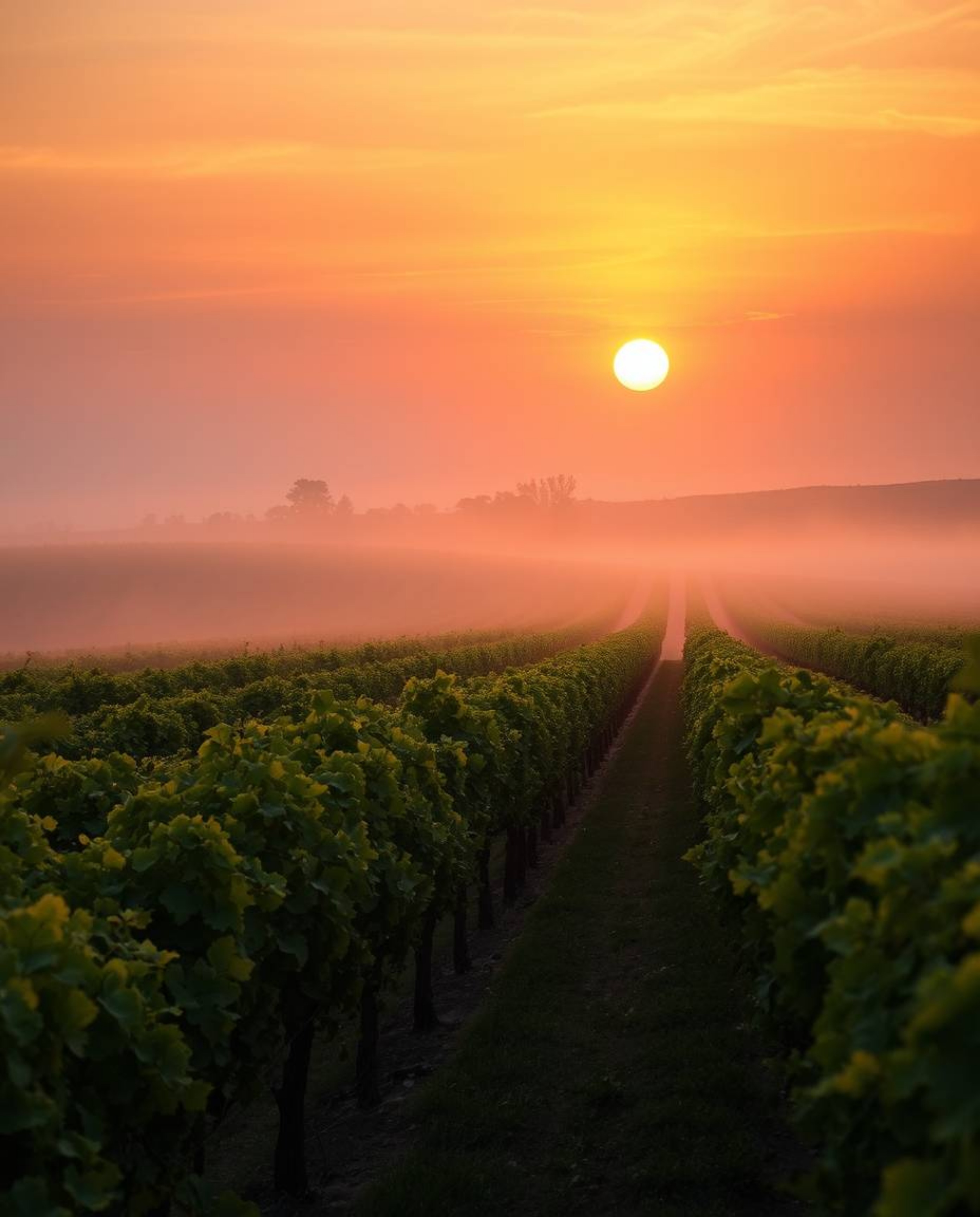 An ethereal sunset casts a magical glow over a vineyard with neat rows of grapevines. The scene is rendered in electric, vivi