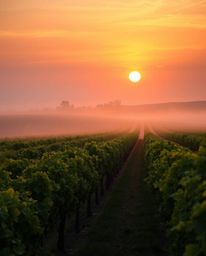 An ethereal sunset casts a magical glow over a vineyard with neat rows of grapevines. The scene is rendered in electric, vivi