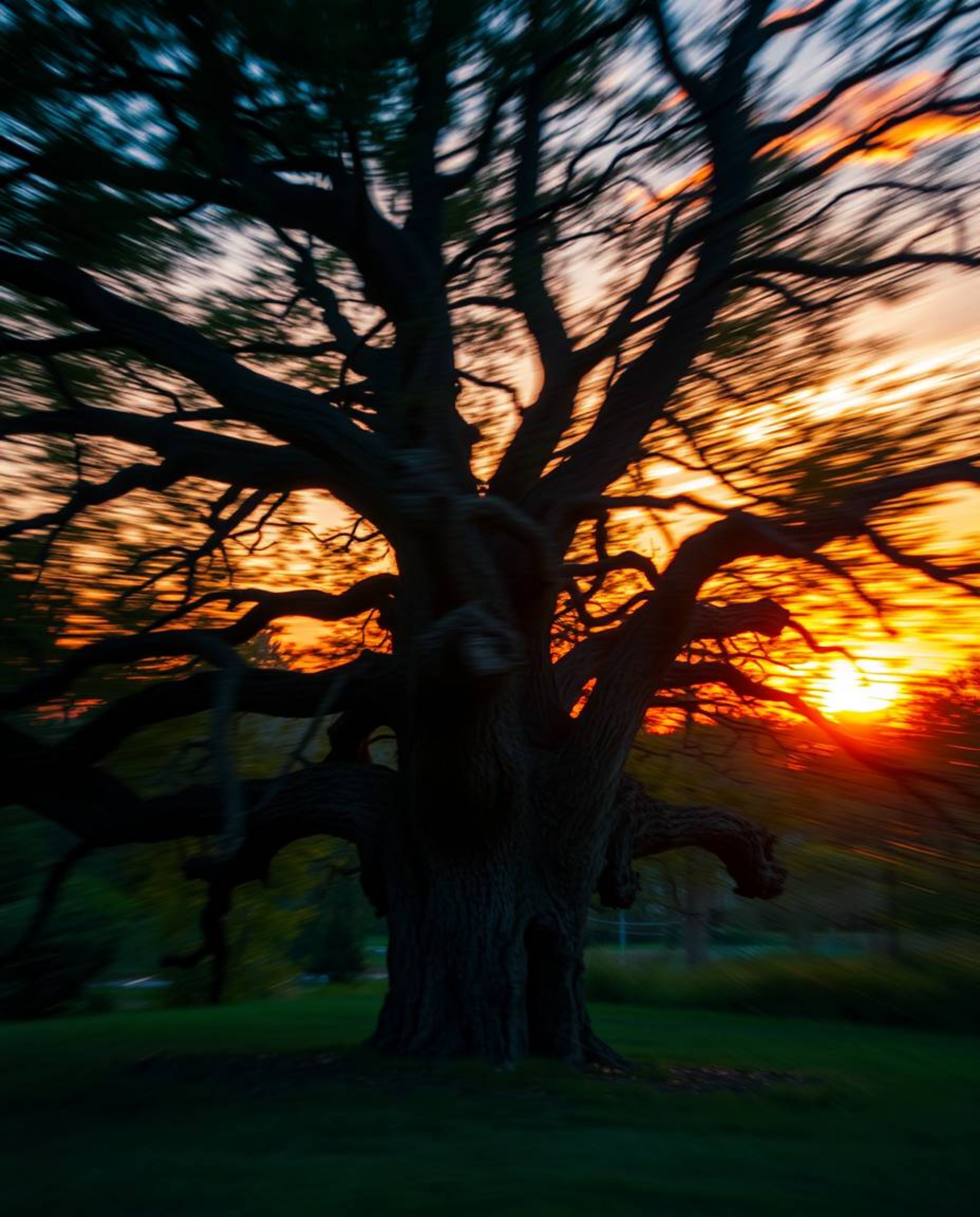 A dynamic and captivating scene featuring a sunset behind an old oak tree with twisted branches, illuminated by glowing biolu