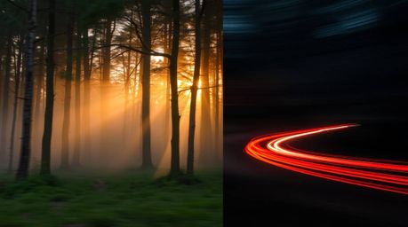 Explore the ethereal beauty of a distinct split long exposure photograph capturing mist rising from a forest during the golde