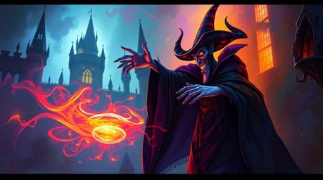 A captivating digital painting depicts a classic Disney villain casting a spell within the ancient walls of a castle. Vibran