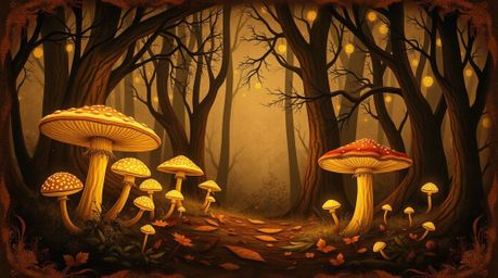 Discover a captivating vintage-style enchanted forest, digitally rendered in natural earth tones.  Glowing mushrooms illumina