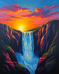This is a vibrant landscape painting of a sun setting behind a dramatic waterfall. The artwork is characterized by its use of