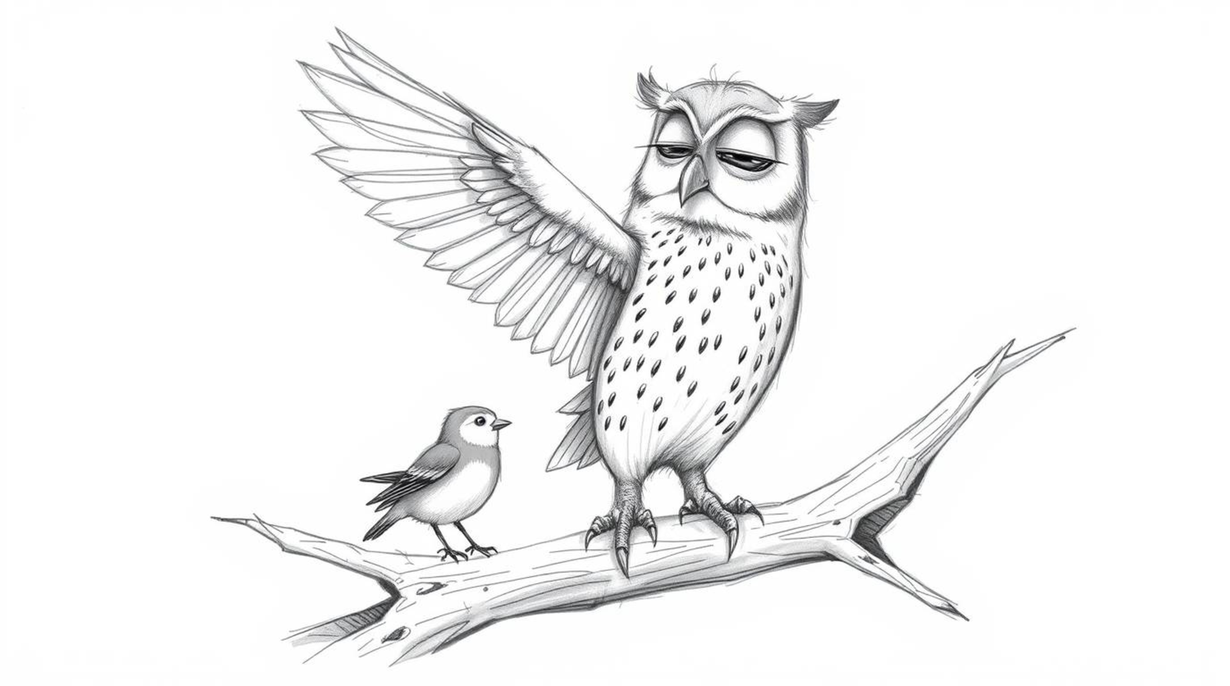 A heartwarming pencil sketch depicts a blind, Pixar-esque owl perched on a hollow branch, rhythmically tapping its wings. Thi