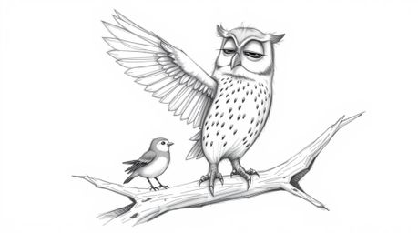 A heartwarming pencil sketch depicts a blind, Pixar-esque owl perched on a hollow branch, rhythmically tapping its wings. Thi