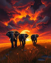 This is a dramatic digital painting of elephants walking across a sunset field, as viewed from above. The artwork is characte