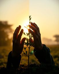 A captivating split-screen cinematic image depicts hands planting a tree under a breathtaking golden sky.  The soft focus and
