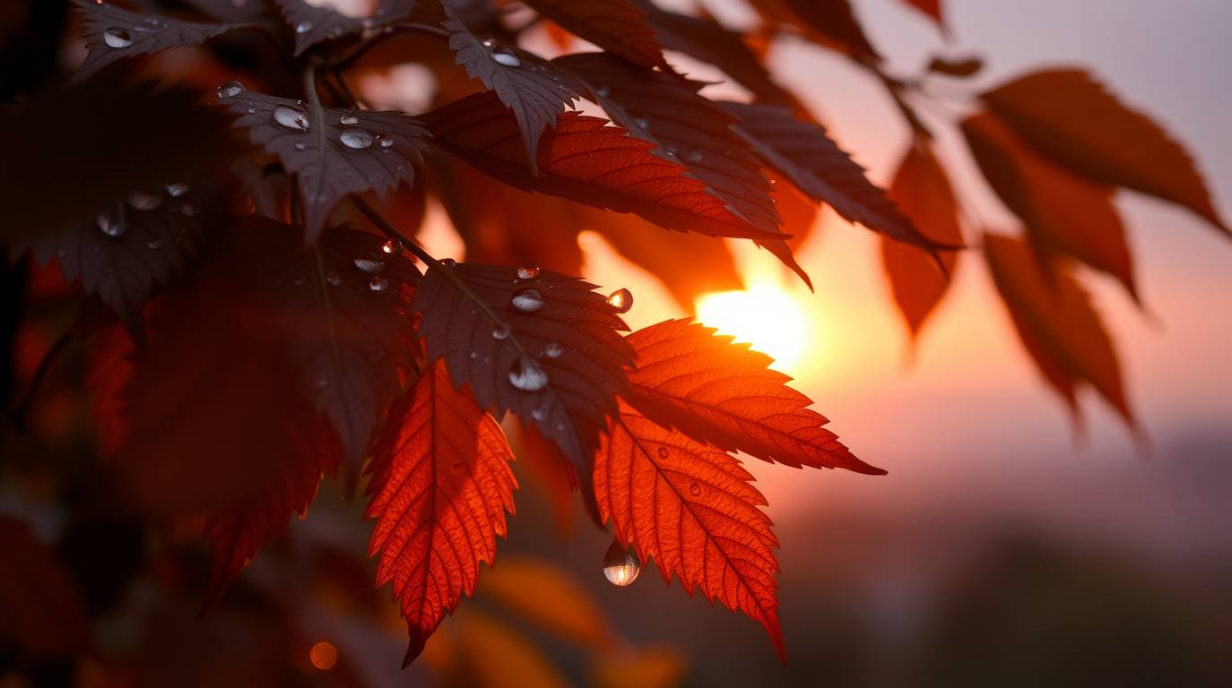 Capture the essence of a warm autumnal evening with a photograph showcasing the sunset's radiant reflection in delicate raind