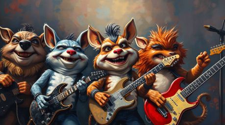 This dramatic cinematic oil painting captures the energy of a band of cartoon animals playing rock music.  The artwork featur