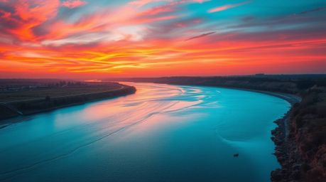 Capture the serene beauty of nature with this high-resolution stock photo featuring a winding river illuminated under a drama