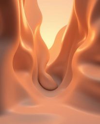 This surreal abstract composition features warm golden hour light and infrared tones, showcasing 3D fluid shapes interacting 