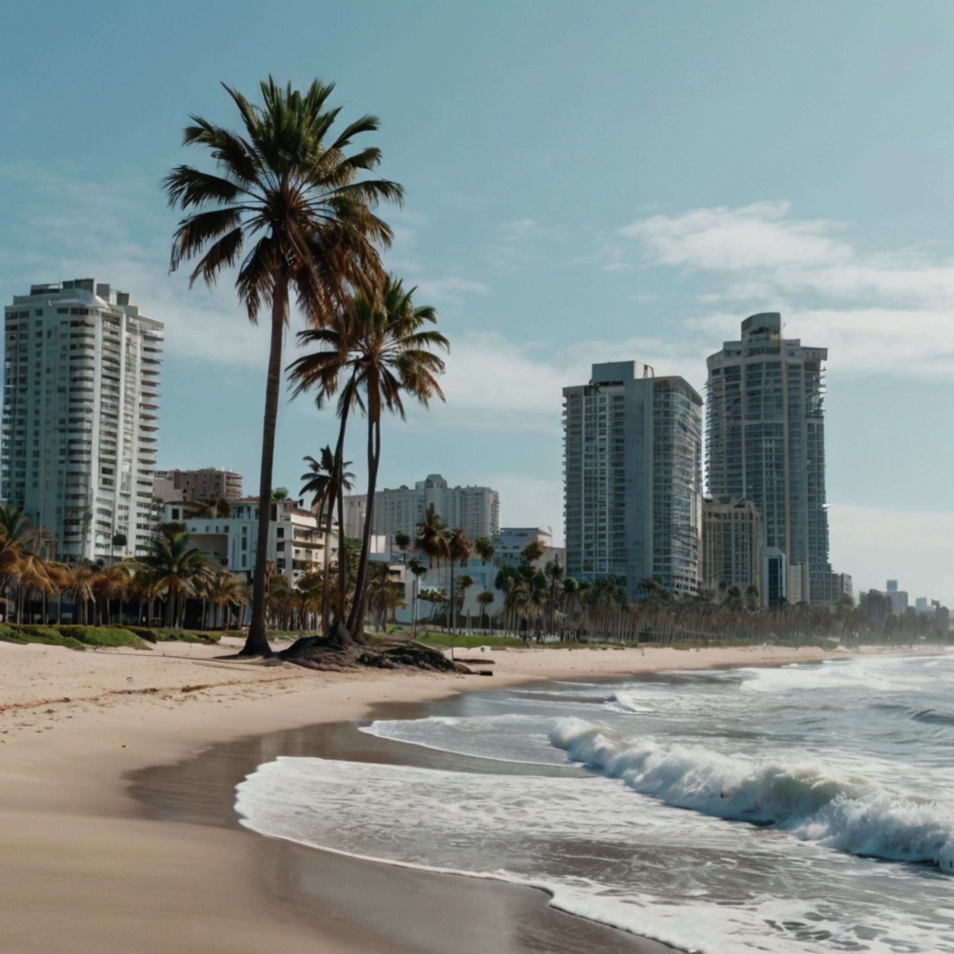 Experience the allure of a coastal city where modern architecture meets natural beauty.  Imagine sleek, tall buildings gracin