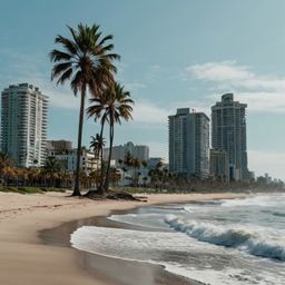 Experience the allure of a coastal city where modern architecture meets natural beauty.  Imagine sleek, tall buildings gracin