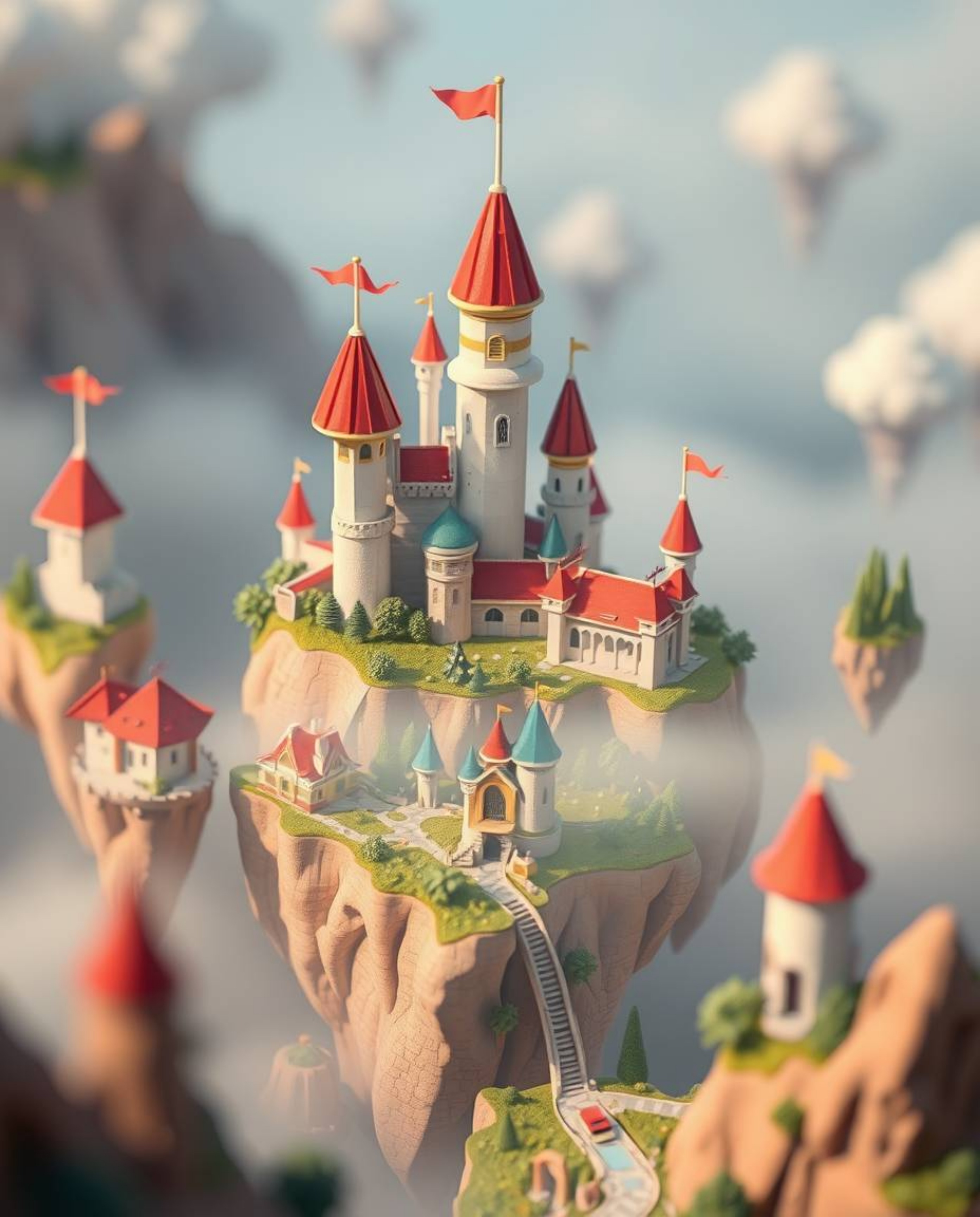 Explore a vibrant and whimsical kingdom with floating islands and majestic castles, rendered in extreme macro close-up. This 