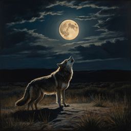 This stunning oil painting captures the raw emotion of a lone wolf howling at the full moon. The artist uses deep shadows and