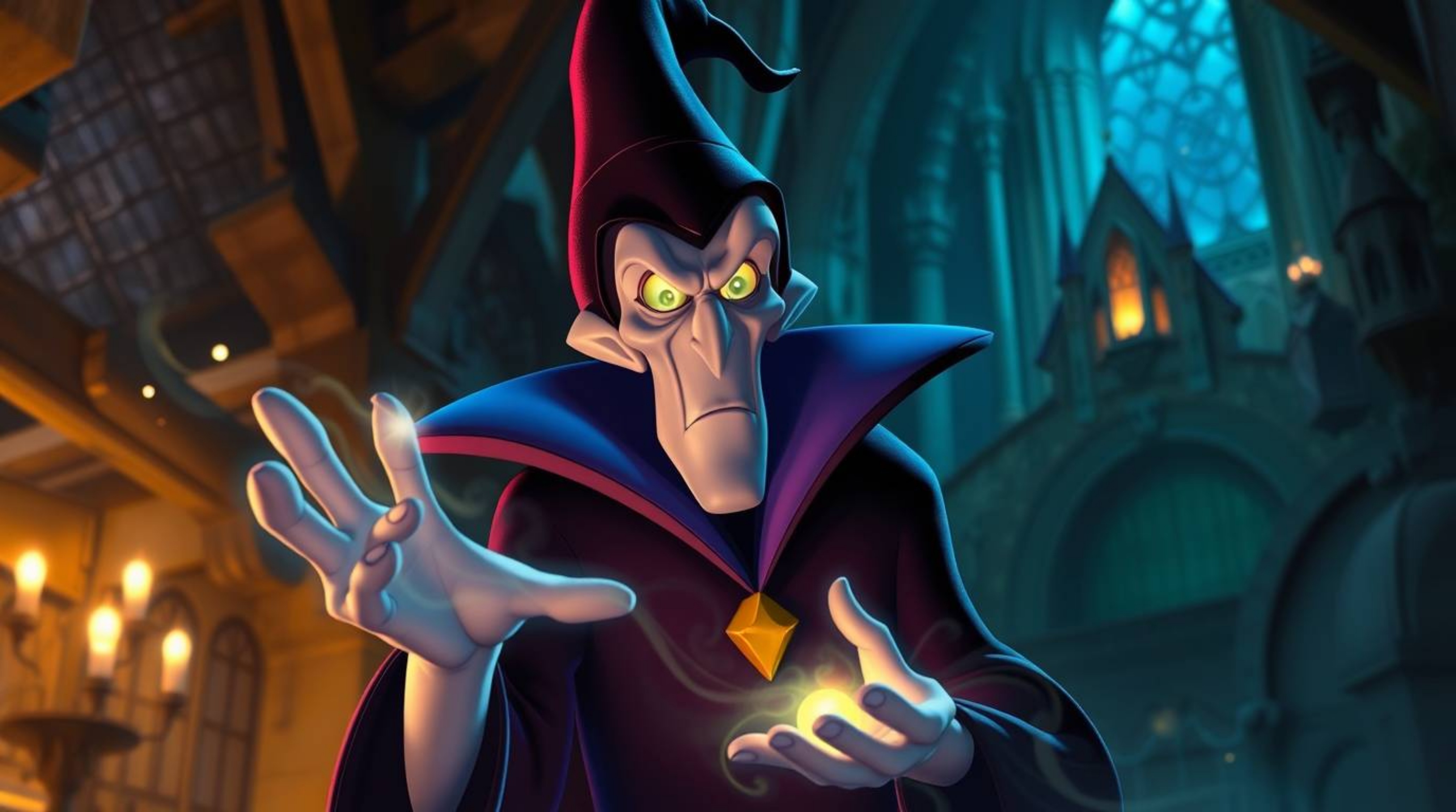 A classic Disney villain with glowing eyes casts a spell within a mystical, old castle.  The scene is filled with iridescent 