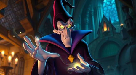 A classic Disney villain with glowing eyes casts a spell within a mystical, old castle. The scene is filled with iridescent