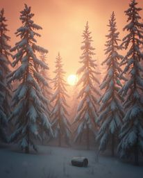 Dreamlike surreal imagery depicting snowy pine trees in sunset light, fantastical elements, soft focus, hazy background, soft