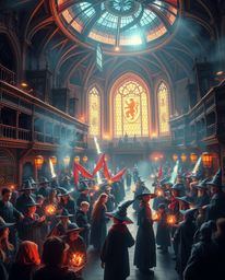 Experience a grand and epic scene of a magical school teeming with young wizards, brought to life in a modern, surreal style