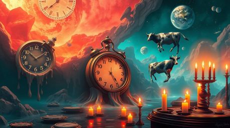 Dive into a mesmerizing surreal dreamscape featuring melting clocks and floating cows. This futuristic sci-fi artwork boasts 