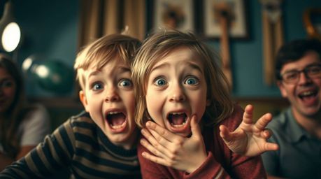 A professional fine art photograph captures a hilariously exaggerated gross-out comedy moment.  Warm, soft lighting and a sub