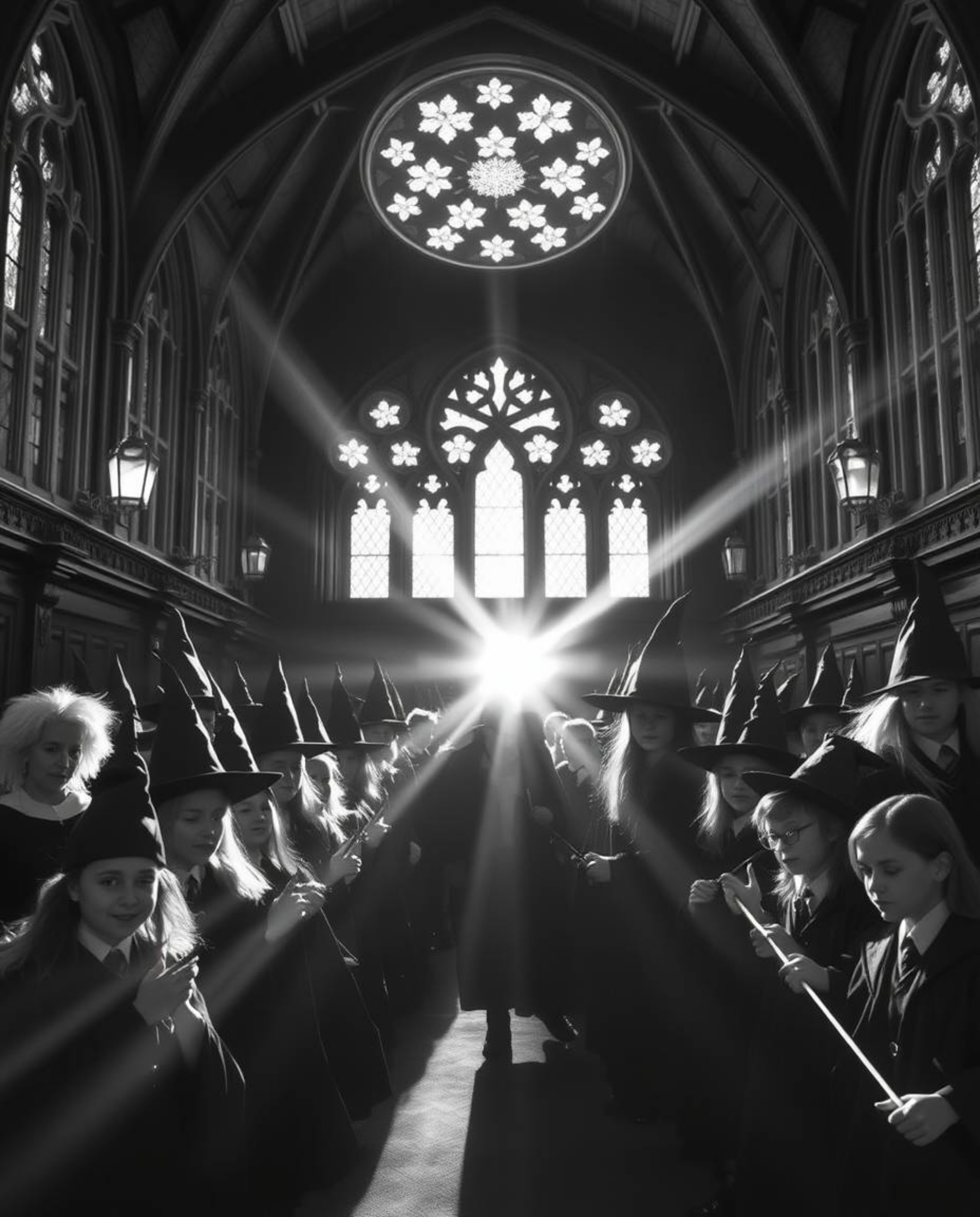 Step into a timeless world of magic with this classic black and white image featuring a magical school teeming with young wiz