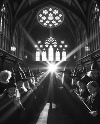 Step into a timeless world of magic with this classic black and white image featuring a magical school teeming with young wiz