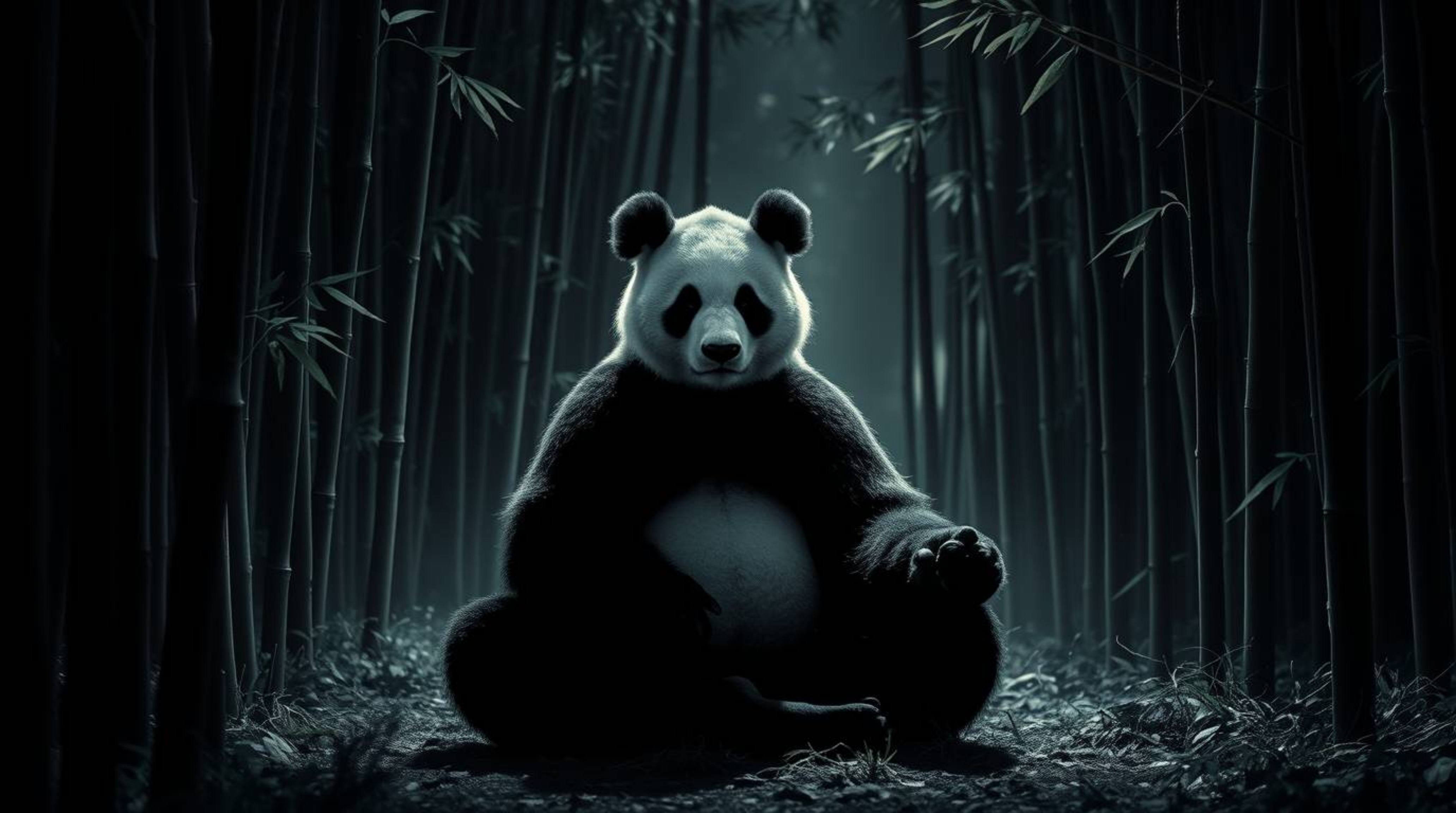 Experience the tranquility and power of a martial artist panda meditating deeply in a serene bamboo forest. Rendered in inten