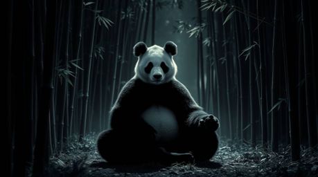 Experience the tranquility and power of a martial artist panda meditating deeply in a serene bamboo forest. Rendered in inten