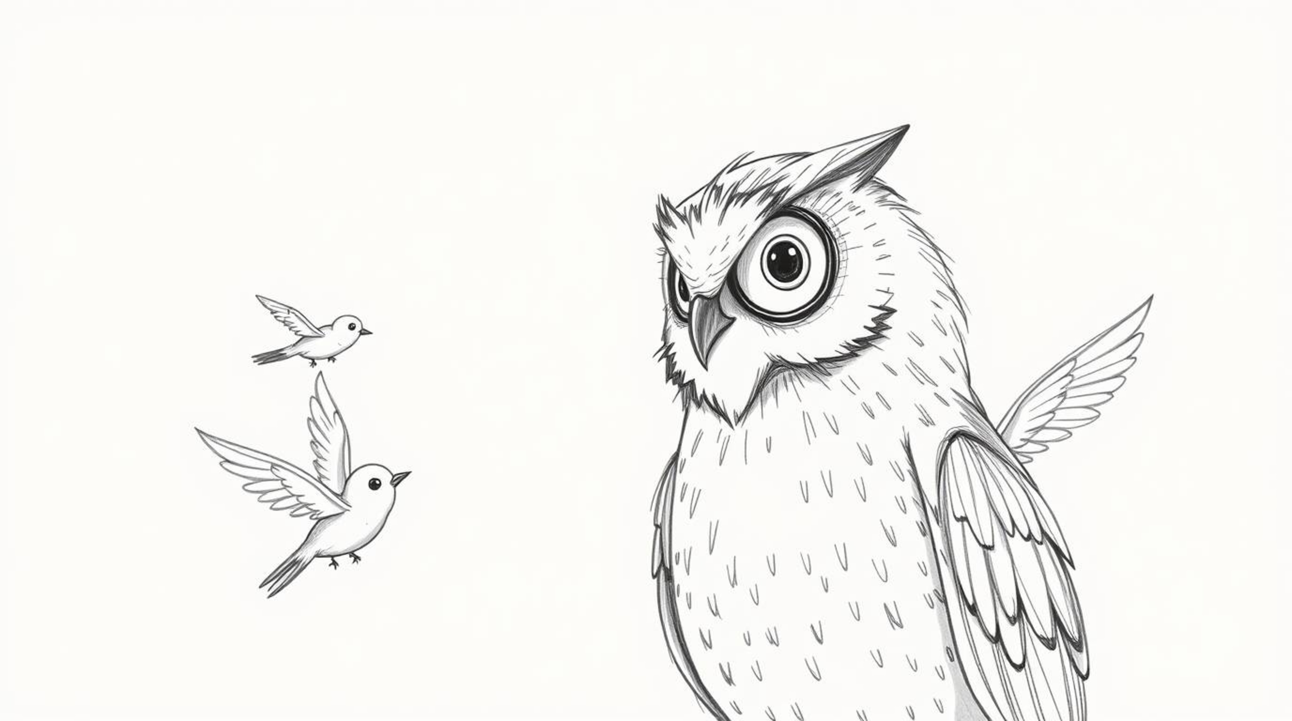 This charming hand-drawn sketch in Pixar style depicts a blind owl with detailed feathers, ingeniously teaching birds to fly.
